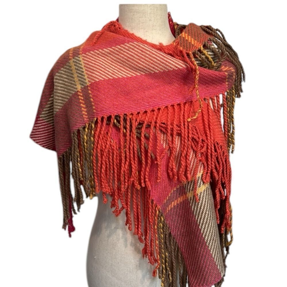 Echo gorgeous double fringe scarf pink tan and red